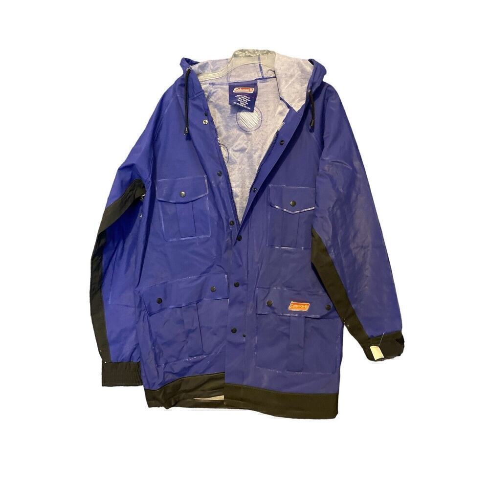 Coleman Mens Blue Hooded 100% PVC Outdoor Vented Snap Windbreaker Jacket Size M